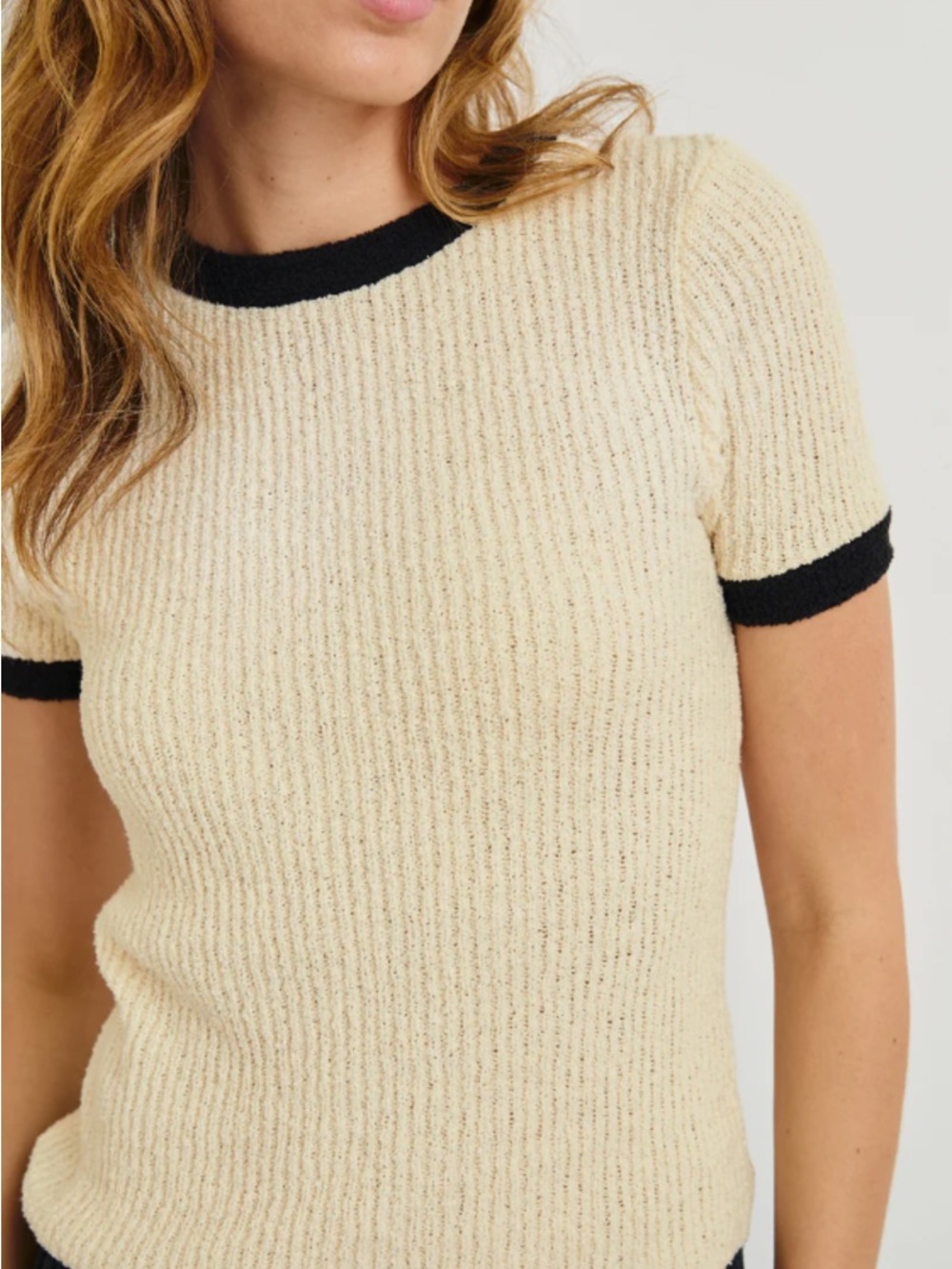 Rails Cream Short-Sleeve Ribbed Sweater with Black Trim